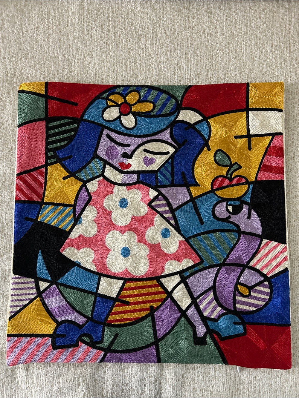 Gorgeous Romero Britto Cushion Pillow Cover Embroidered "End of Innocence'.